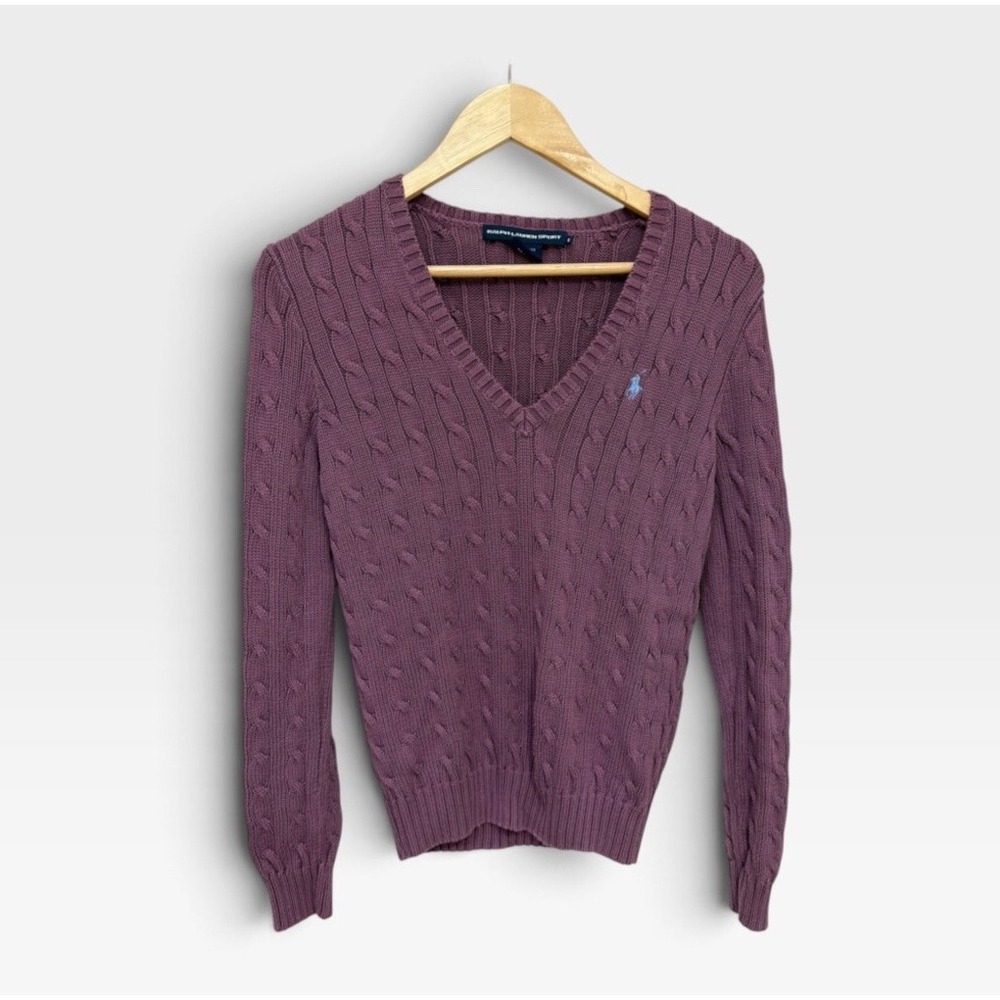 Vintage Ralph Lauren Sport Cable Knit V-Neck Sweater Women's Size M Purple Cotto